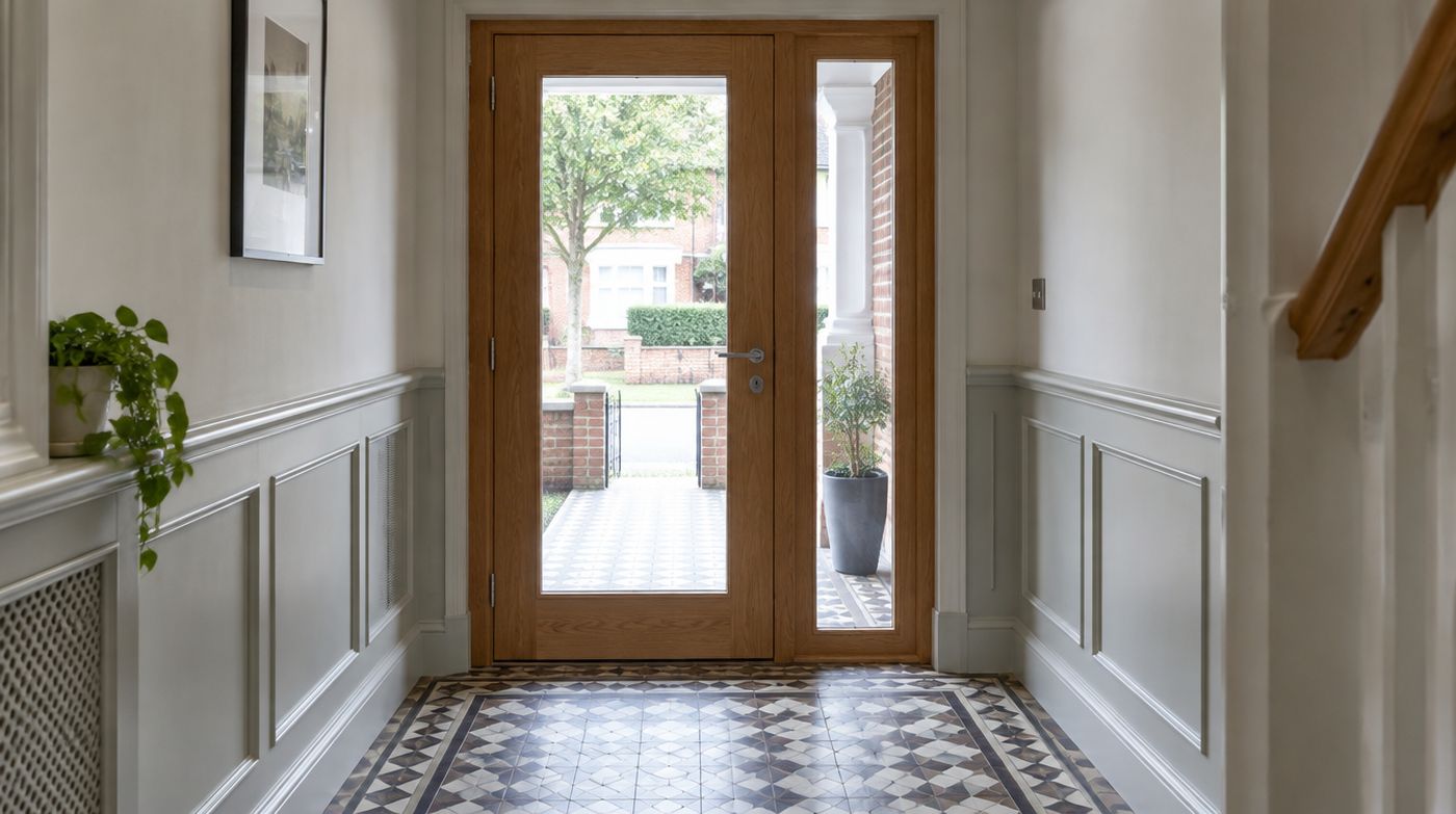 A glazed timber front door and side panel in a London hallway, a critical location where safety glass is required