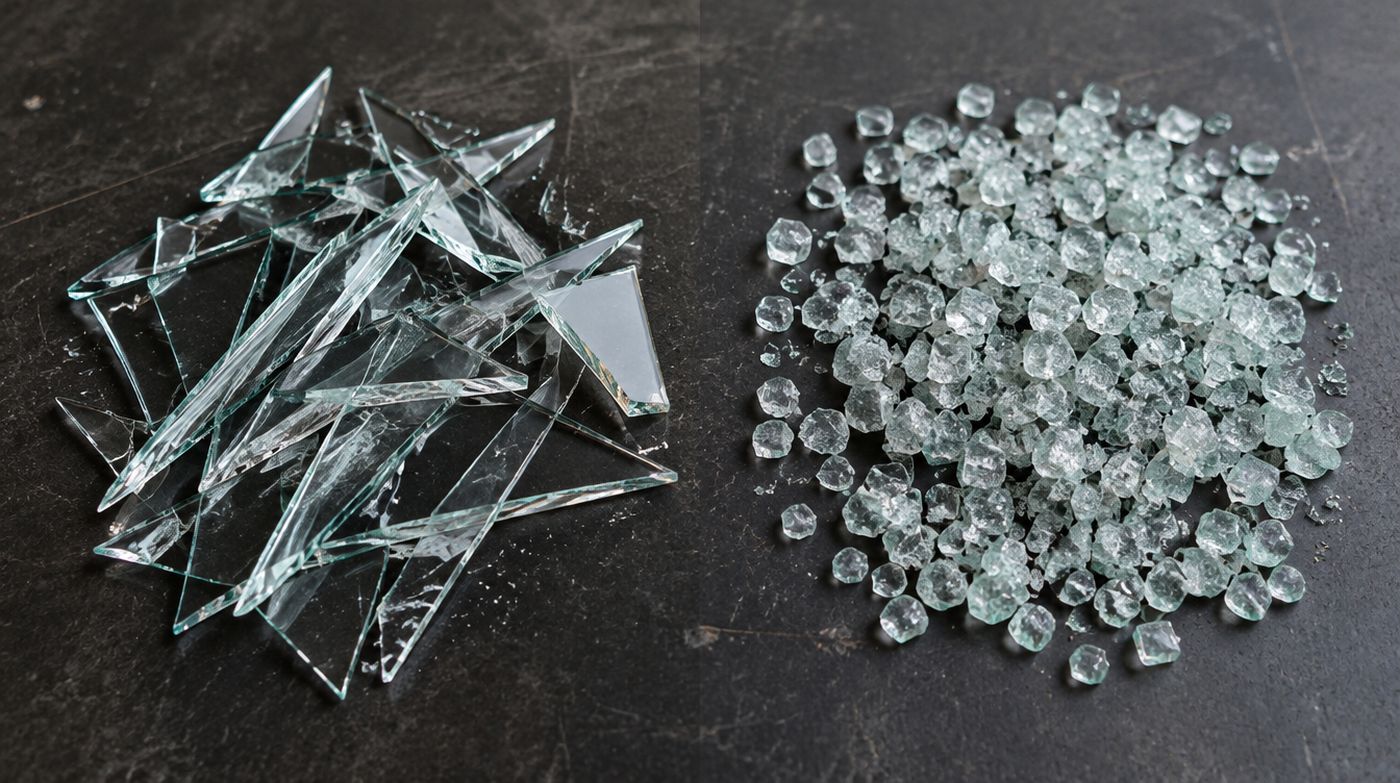 Long sharp shards of annealed glass beside the small blunt fragments of broken toughened glass