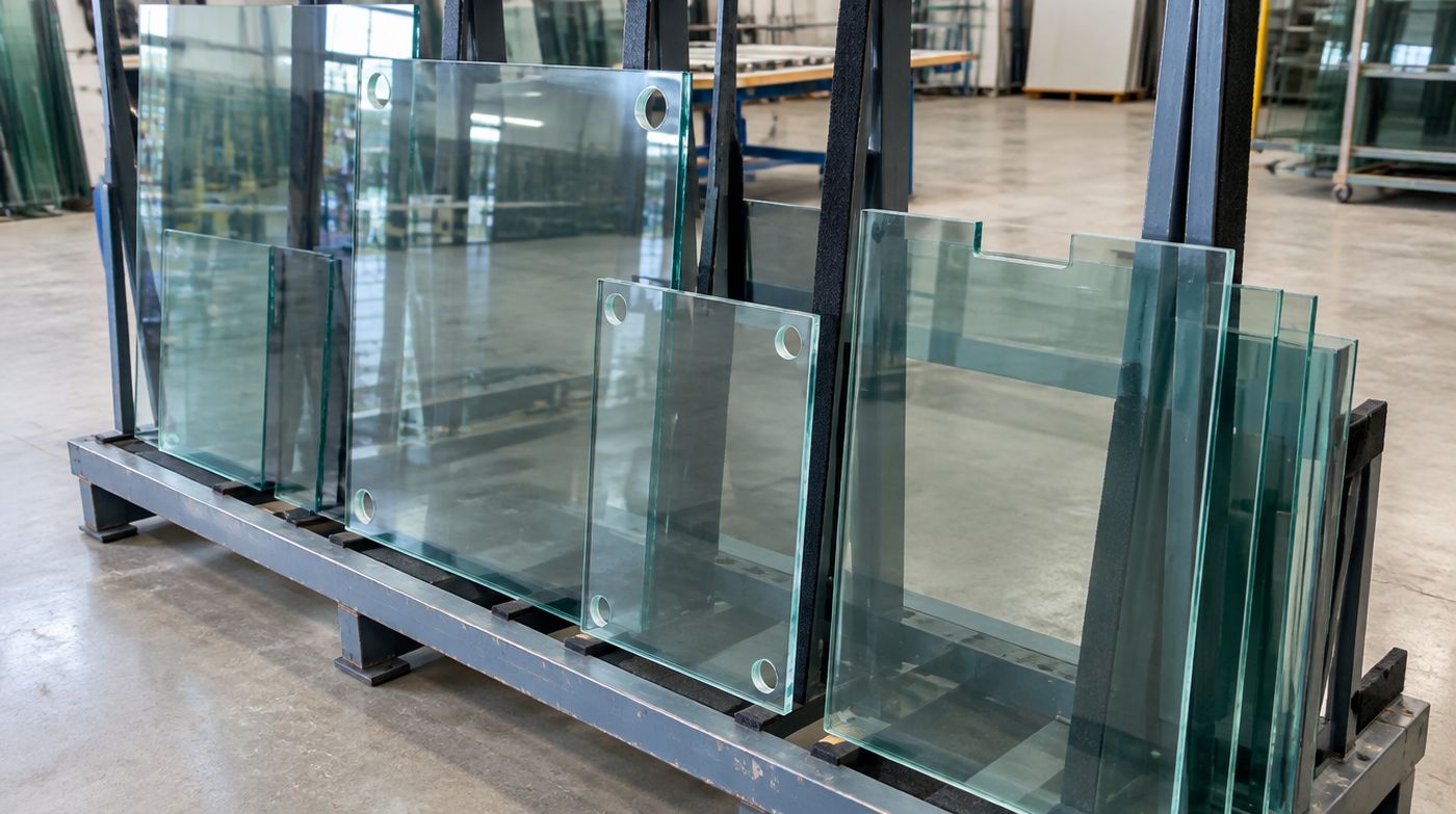 Finished toughened panels in a rack, two with holes drilled near the corners and one notched