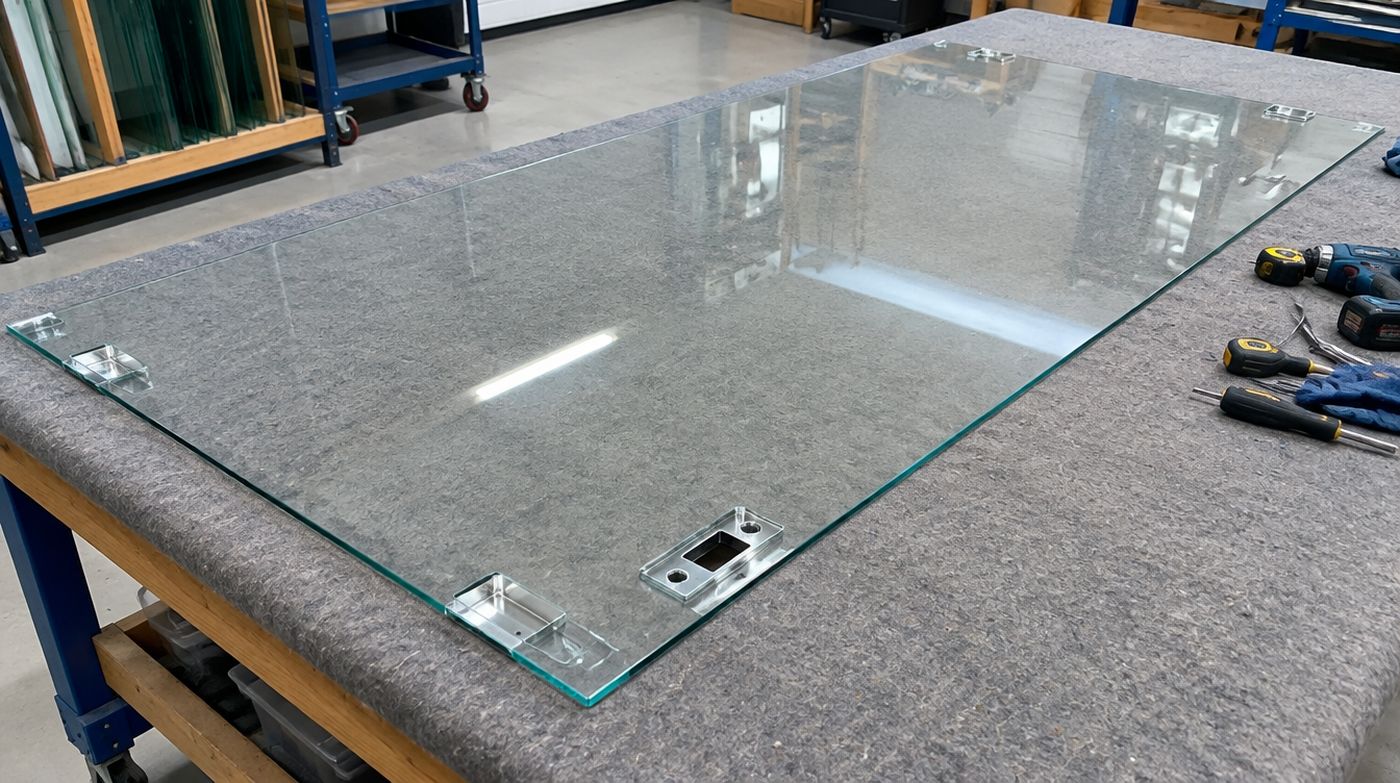 A frameless toughened door panel on a bench with the cut-outs for patch fittings and a lock
