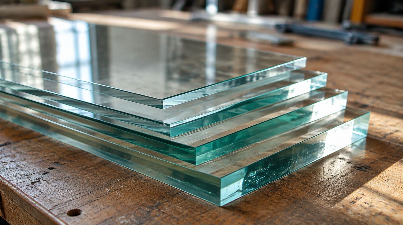 A stepped stack of clear glass panels of increasing thickness, polished edges showing the difference
