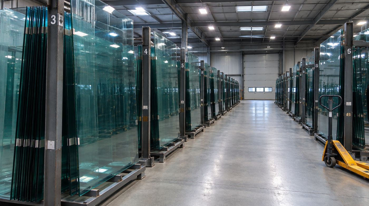 Finished toughened panels standing on edge in numbered racks down a warehouse aisle