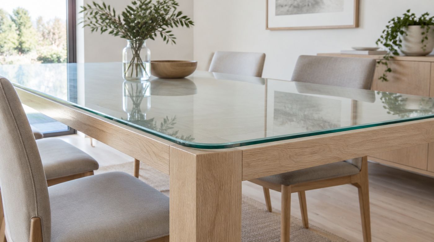 A toughened glass table top with polished edges and radius corners on an oak base