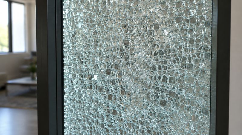 A shattered toughened glass panel still in its frame, broken into small blunt fragments