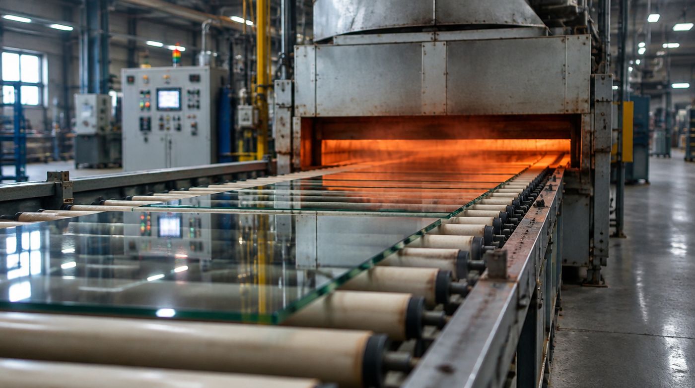 Panes of glass moving on ceramic rollers through a toughening furnace