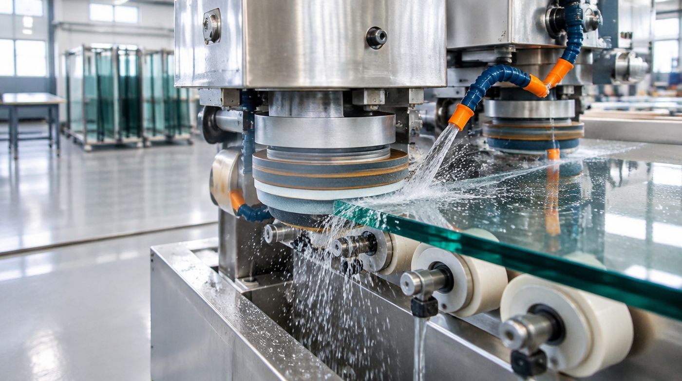 An edge grinding machine working the edge of a glass pane before toughening